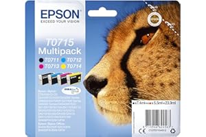 Epson Multipack T0715 Guépard, Cartouches d'encre d'origine, 4 couleurs : Noir, Cyan, Magenta, Jaune, D78 D92 D120 DX4000 DX5000 DX7000F DX8400 S20 SX100 SX200 SX210 SX400 SX600FW BX300F B40W BX610FW