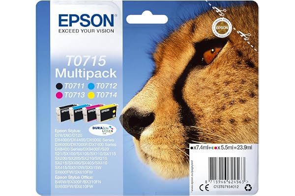 Epson Multipack T0715 Guépard, Cartouches d'encre d'origine, 4 couleurs : Noir, Cyan, Magenta, Jaune, D78 D92 D120 DX4000 DX5000 DX7000F DX8400 S20 SX100 SX200 SX210 SX400 SX600FW BX300F B40W BX610FW