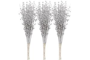 Sea Team 24-Pack Artificial Glitter Berry Stem Ornaments, Decorative Bead Sticks, Glittery Twigs, Picks, Branches for Christmas Tree, Small Vase, Holiday, Wedding, Party (17 Inches, Silver)