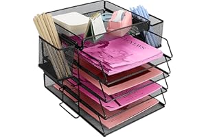 ideallife Stapelbare Briefablage aus Metall, Schwarz Schreibtisch Organizer mit 4 Dokumentenablage und 2 Stiftehalter, Mesh Schreibtischablage für A4 Dokument, Büroablage, Postkörbe