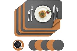 BANNIO Placemats And Coaster Sets 6, Non-Slip Washable Waterproof Table Mats Heat Insulation PVC Leather Place Mats Home Kitchen Restaurant And Hotel, 42x30cm, Gery and Brown