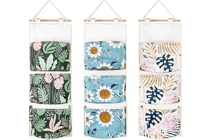 LINYAPRY 3 Pack Wall Hanging Storage Bag, Tropical Over the Door Closet Hanging Organizer with 3 Pockets, Waterproof Linen Fabric Hanging Pocket for Dorm Living Room Home Decor(Banana+Leaf+Flower)