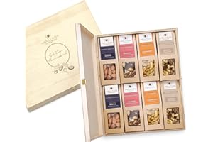 WELLNUSS Geschenkset für Männer "Herrenabend" mit edlen Nussmischungen | 8 Premium Snacks in der Birkenholzbox (8 x 60-70 g) | Vegan | Geschenk für Mann, Freund, Papa, Opa zum Geburtstag, Vatertag