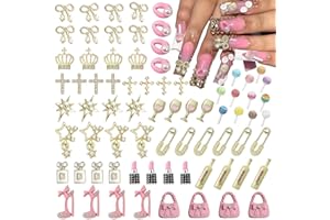 TASTETREASURE 76 Count Creative Mix 3D Nail Decorations, Multi-Themed Gold, Pink & Pearl Nail Charms, DIY Nail Art Kit with Bows, Crowns, Stars, Unique Accessories for Gel & Acrylic Manicures, Versatile Supply
