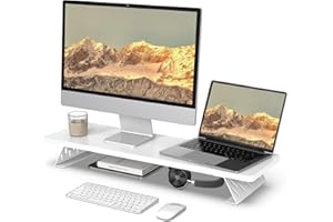 Fenge Supporto per Doppio Monitor in Legno, Organizer Ergonomico per Scrivania per PC, Laptop Stampante, L80xW23,5 xH10cm Capacità di Carico 25KG Bianco