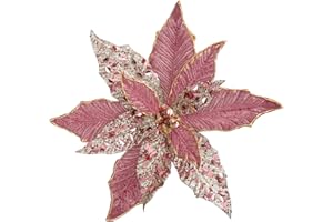 Oairse 4 flores de Pascua grandes con purpurina de 30 cm - Flores artificiales de arbol Navidad de oro rosa con tallo largo - Decoraciones para adornos de boda y Año Nuevo