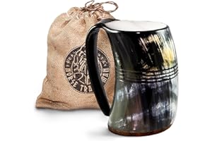 Norse Tradesman Taza de Cuerno para Beber Vikingo Genuino - Jarra de Cerveza Vikinga Premium de 900 ml con Fondo de Madera Súper Reforzada y Grabados de Anillos | The Eternal, Pulido, Extragrande