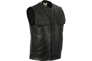 Leatherick Men's Anarchy Club Collarless Genuine Real Leather Biker Vest Black