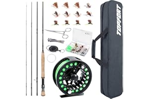 TOPFORT Fliegenfischrute und Rolle Combo Starter Kit, 4-teiliges leichtes Ultra-tragbares Graphit-Fliegenrute, komplettes Starterpaket mit Tragetasche