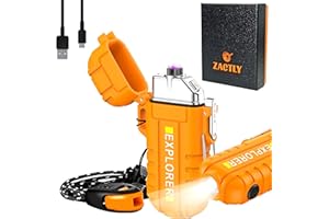 Zactly AL07 Dual Arc Plasma Electric Lighter USB TYPE C Rechargeable Flameless Waterproof Windproof Dustproof with Flashlight, Lanyard & Whistle, Kitchen, Camping, Outdoor Survival Tool (Orange)