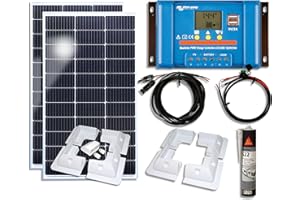 LOWENERGIE Victron Solar Panel Kit - 200W Solar Panel with PWM Charge Controller, Batter Charging Kit, Mounting Brackets & Cables -Off Grid, Campervan, Boat, 12v Systems