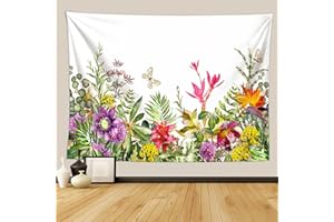 Fullfun Colorful Floral Wall Tapestry, White Background Butterfly Flower Tapestry Home Decor Wall Hanging Botanical HD Printing for Living Room, Bedroom & Dorm 130 cm x 150 cm