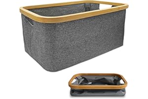 DOKRVLOQ Collapsible Laundry Washing Baskets Grey Bamboo Cloth Fabric 50l Large Foldable Wash Clothes Storage Ironing Basket Folding Space Saving Laundry Hamper