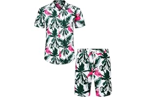 J.VER Mens Hawaiian Shirt and Shorts Set Regular Fit Short Sleeve Casual Funky Beach Flamingo Shirt Set