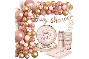 YIMAKJ Rosegold Partygeschirr Set, Babyparty Deko Party Geschirr, Pappteller Kindergeburtstag mit Luftballons Tischdecken Tassen für Baby Shower Geburtstag Mädchen Mottoparty 16 Gäste