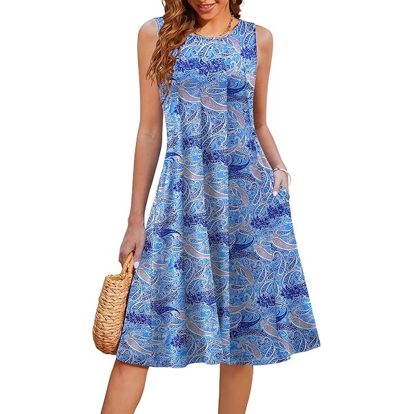 Abito estivo da donna, casual, girocollo, senza maniche, da spiaggia, senza maniche, da donna, senza maniche, con fiori, da spiaggia, leggero, casual, con tasche boho, bianco, XXL