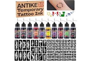 QUELLE Kit de Tatuajes Temporales, 10 Botellas de Tintas de Color para Tatuaje Temporal 0.5oz con 84 Plantillas para Pintura Corporal Tatuaje Temporal de Bricolaje