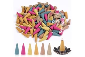 AUAUY Stożki kadzidłane, 120 szt. świeżych stożków kadzidłanych z 1 uchwytem, 6 naturalnych zapachów obejmuje różę, jaśmin, osmant, ocean, drzewo sandałowe, piołun, idealne do medytacji, jogi, relaksu