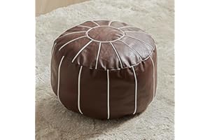 Louis Donné Unstuffed Handmade Moroccan Round Ottoman Pouffe Cover Foot Stool Seat Faux Leather Storage Bean Bag Floor Chair Foot Rest for Living Room, Bedroom or Balcony (Brown)