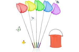 Abitoncc 6 Pack Fishing Nets for Kids and Foldable Bucket Set Colorful Telescopic Butterfly Net Extendable Fishing Nets for Beach (Form 37 to 85cm) Catching Insects Children Fishing Net for Ponds Pool