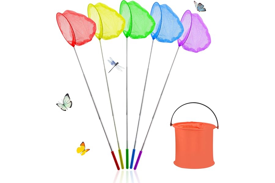 Abitoncc 6 Pack Fishing Nets for Kids and Foldable Bucket Set Colorful Telescopic Butterfly Net Extendable Fishing Nets for Beach (Form 37 to 85cm) Catching Insects Children Fishing Net for Ponds Pool