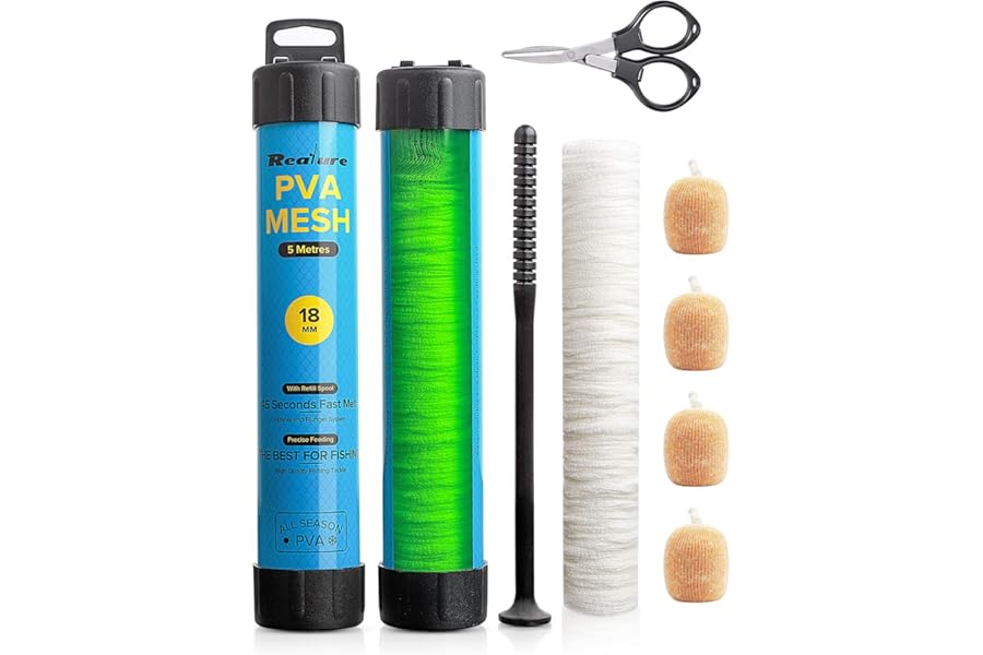 Realure 5M Pva Mesh Kit with Scissors,18mm 25mm 37mm 44mm Wide Pva Mesh Carp Fishing Accessories with Funnel & Plunger System,Fast Melt Pva Mesh Bag Fishing Refill for Boilie,Bait,Feeding