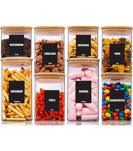 gouveo Set van 6 voorraadpotten 1500 ml van borosilicaatglas vierkant met deksel - robuuste glazen containers voor keuken en huishouden (BGE1500B