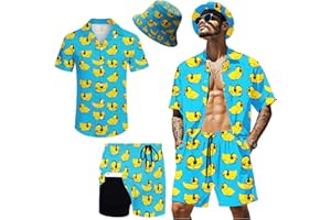 POKM Hawaiian MenS 2 Piece Outfits Rave Duck Shirts Shorts Outfits Tropical Set with Hat