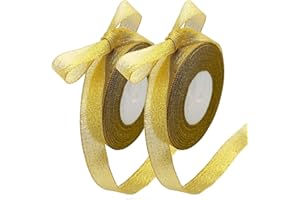 WITBICG 25 Yards Nastro Raso Oro, 2 Pezzi Nastro Dorato Stoffa Raso Per Pacchi Regalo, Per Confezioni Regalo, Feste, Decorazioni Per Matrimoni, Palloncini, Cucito e Decorazioni Floreali Fai Da Te (1 cm)