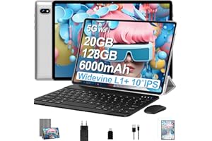 UJJ Tablet 10 Pollici Android con 20GB RAM+128GB ROM (TF 2TB), 5G WiFi 6, Octa-Core, 2.0 GHz, GMS, Bluetooth 5, 5MP + 8MP, 1280 * 800 FHD IPS, 2025 Newest Tablet Widevine L1 con Tastiera e Mouse - Silver