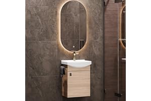 Planetmöbel Set di mobili da bagno lavabo con mobiletto 45 x 60 x 33 cm, specchio con illuminazione 50 x 90 cm per WC ospiti, rovere Sonoma