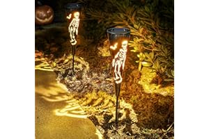 FLOWood 2Pack Solar Skull Stake Lights for Halloween Decorations Outdoor, Halloween Lights, Light up Pumpkin Decorations, Solar Pathway Lights for Halloween Party Porch Yard Decor