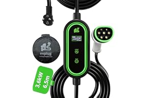 EVPLUG® Chargeur de Voiture Électrique 3,7kW 6-16A, 6,5 Mètres, Type 2 avec Prise Schuko, Chargeur Portable avec Écran Digital Ajustable