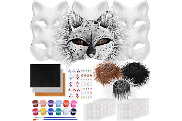 Dreamtop Masques Thérien Chat Kit avec 6Pcs Masque Therian, Fausse Cheveux et Feuille de Feutre, Mailles pour œil et Autocollant en Pierre Précieuse, Peintures et Pinceaux, Peindre des Masque Thérien
