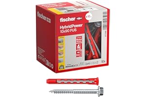 Fischer 10x HybridPower FUS, Tasselli Prolungati in Nylon e Acciaio con Vite Esagonale Flangiata e Impronta Torx, Sicuro come un Ancorante Metallico e Facile da Installare come un Tassello in Nylon