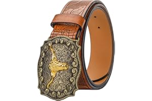 KorhLeoh Western Leather Cowboy Buckle Belt for Men Women Jeans Engraved Floral Longhorn Bull Texas Buckle Belt (33-41" waist)