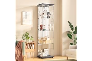 DADEA Spiegelglasvitrine, 4 Ablagen Glasschrank Vitrine, 42,5 × 36,5 × 164 cm, 1 Tür Curio Schränke mit Licht und Schloss, Bodenstehender Glasaufbewahrungsschrank für Home Office