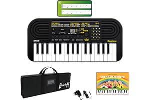 Kit Tastiera Casio SA51 (Fondo Bianco) con Alimentatore, Borsa ffalstaff ® con Tracolla e Maniglie per un Comodo Trasporto, App di Apprendimento e E-book "Suona la Tastiera"