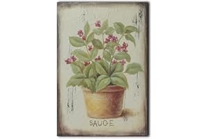 CVHOMEDECO. Bas-relief Painting Still Life Hand-painted on Wooden Frame Flower Pot with Sauge Pictures for Wall, 8 x 12 Inch
