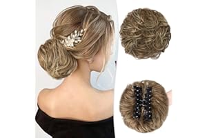 ‎RUWISS RUWISS Krallen Clip Messy Bun Haarteil Echthaar Wellig Lockig Chigno Haardutt Haarverlängerung Hochsteckfrisur Clip in Claw Pferdeschwanz Haarteile Haar Scrunchies für Damen（Braun Gemischt Hellblond）