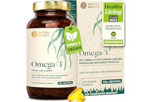 ‎NATURE BASICS Veganes Omega 3 aus Algenöl | 120 hochdosierte Kapseln für 4 Monate | Nur 1 Kapsel täglich | laborgeprüft auf Reinheit