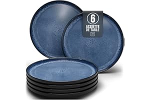 PURE LIVING INTERIOR DESIGN Assiettes Service de Table: Ensemble de 6 grandes assiettes en grès Ibiza - élégantes, compatibles lave-vaisselle et micro-ondes - Service vaisselle 6 personnes, assiettes noires bleu profond