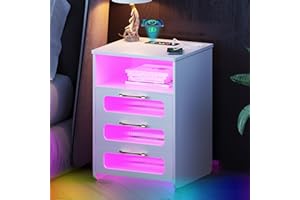 ‎LVIFUR Lvifur LED Nachttisch mit 3 Schubladen,Nachttische mit LED-Beleuchtung,Nachtschrank mit Ladestation und USB Anschluss,Nachtisch Nachtkommode für Schlafzimmer