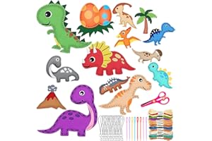 INQUIRLLY Kit de couture pour enfants - 14 pièces - Kit de bricolage en feutre - Dinosaure - Pour débutants et enfants - Avec 14 porte-clés - Kit de bricolage pour enfants - Animaux en feutre - Kit de couture