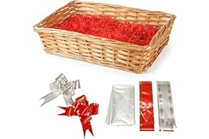 ALAYSTAR Premium Wicker Gift Hamper Basket Set Create Your Own Christmas Festive Present Includes Rectangle Smooth Basket Ribbon Wood Wool Cellophane Bag Perfect for Xmas Birthdays (NATURAL)