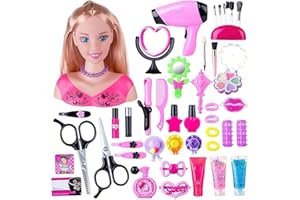 GOXAEEE - Cabeza de peinado, 35 cabezas de peinado y maquillaje, juego de juguetes, juguete para niña de 1 a 9 años, muñeca Styling Head Hairdressing (rosa-45 piezas)