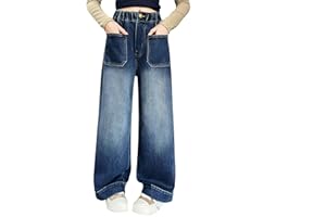 Domueay Jeans pour Filles Baggy Denim Pantalon Long avec Haute Taille Élastique, Loose Fit Doux Mode Casual Polyvalent Enfants Vetement Décontracté Ado Streetwear pour 7-14 Ans