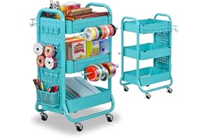 ‎DESIGNA DESIGNA Rollwagen mit 3 Etagen und herausnehmbarer Stecktafel und zusätzlichen Aufbewahrungskörben Haken, Metall-Bastelwagen für Geschenk, Heimbüro, Blaugrün