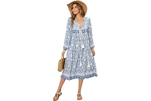 R.Vivimos Elegante Casual Mujer Bohemio Vestido Largo Estampado Corbata Manga Larga Vestido de Midi de Playa Vestido de Vacaciones