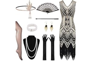 Panngu Sukienka damska w stylu lat 20., z akcesoriami w stylu lat 20., Charleston, idealny kostium karnawałowy, sukienka z frędzlami, dekolt w serek, cekiny, perły, sukienka z frędzlami